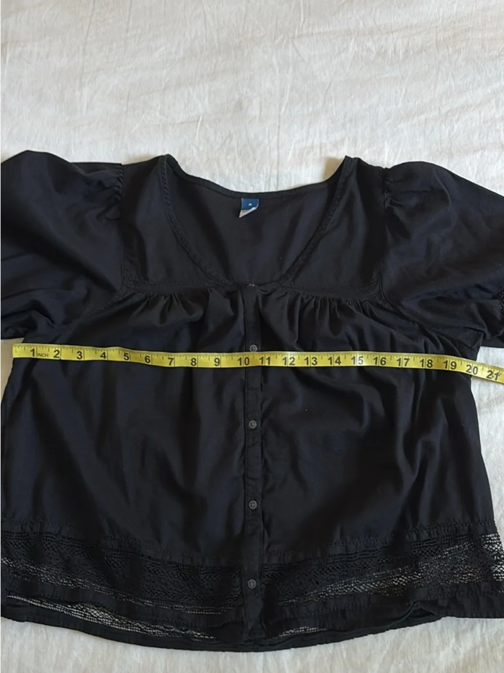 Romantic Black Button-Down Women’s Top with Crochet Trim, Puff Sleeve Blouse